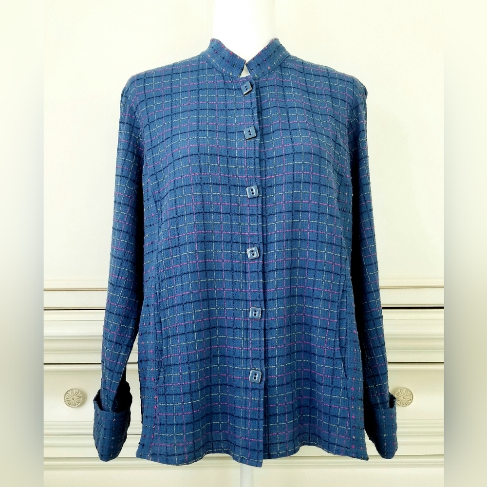 Habitat Blue Check Textured Long Sleeve Button Front Top Shacket Womens Large